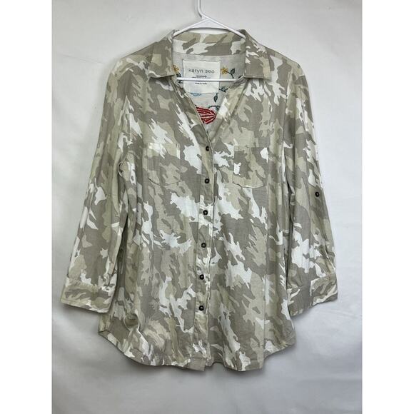 Karyn Seo Women Medium Camo Lagen Look Embroidered Long Sleeve Button Up Shirt - Picture 1 of 9